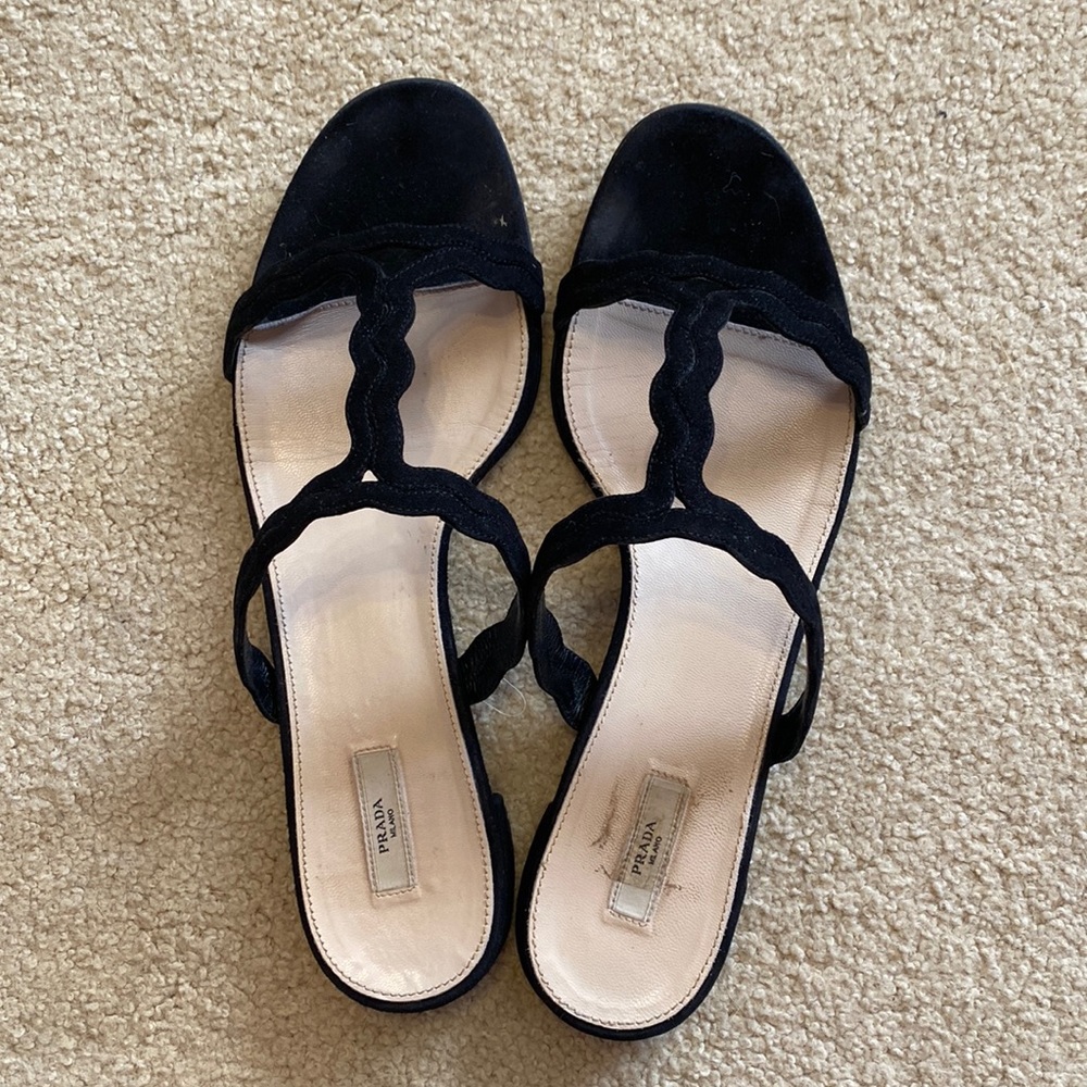 Black leather suede Prada sandals